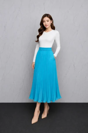 Rok Plisket Biru Cerah Wanita