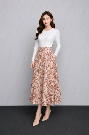 Rok Floral Coklat Nude Wanita
