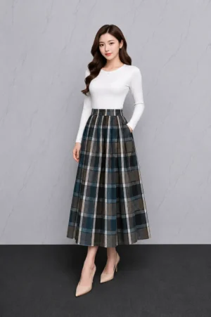 Rok Midi Kotak Navy Abu Wanita