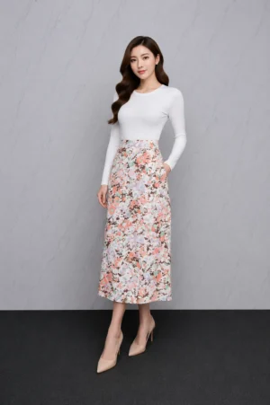 Rok Midi Floral Pastel Wanita