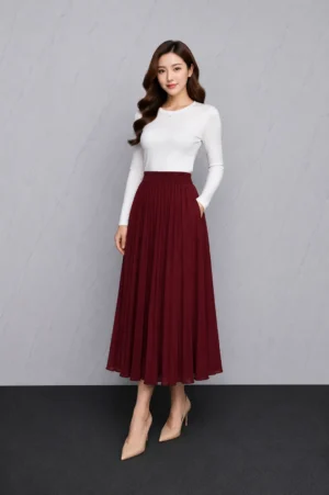 Rok Plisket Maroon Elegan Wanita