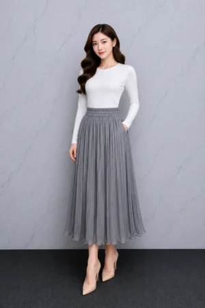 Rok Plisket Abu Abu Elegan Wanita