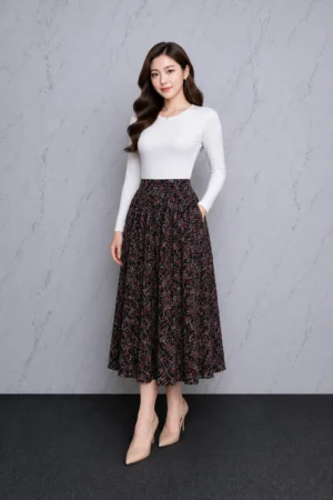 Rok Floral Hitam Merah Wanita