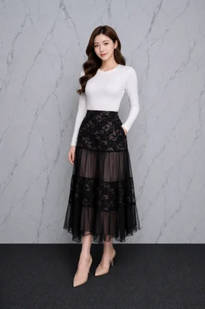 Rok Tulle Layer Floral Hitam Wanita