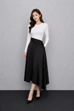 Rok Satin Hitam Asimetris Wanita