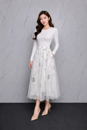 Rok Panjang Floral Putih Abu Wanita