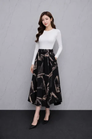 Rok Panjang Motif Abstrak Hitam Wanita