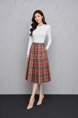 Rok Midi Kotak Pink Wanita