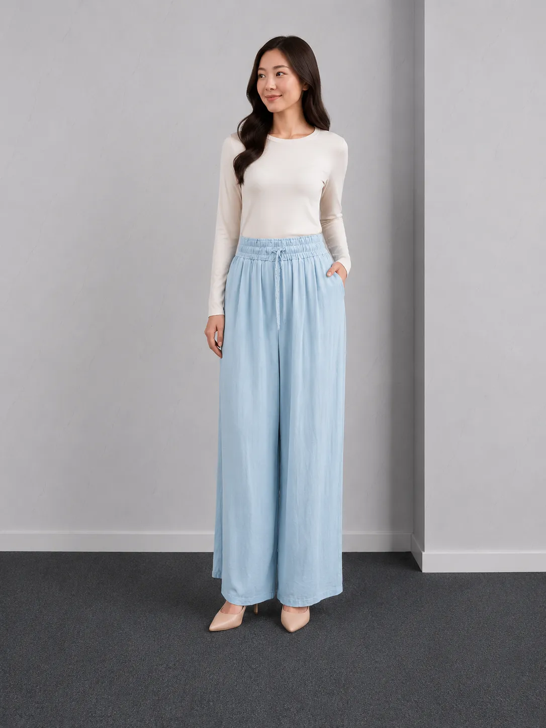 Celana Kulot Wanita High Waist Wide Leg Biru Muda Polos Flowing Casual Formal