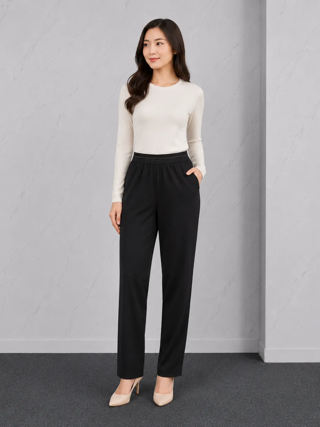 Celana Panjang Wanita High Waist Slim Straight Hitam Polos Casual Formal