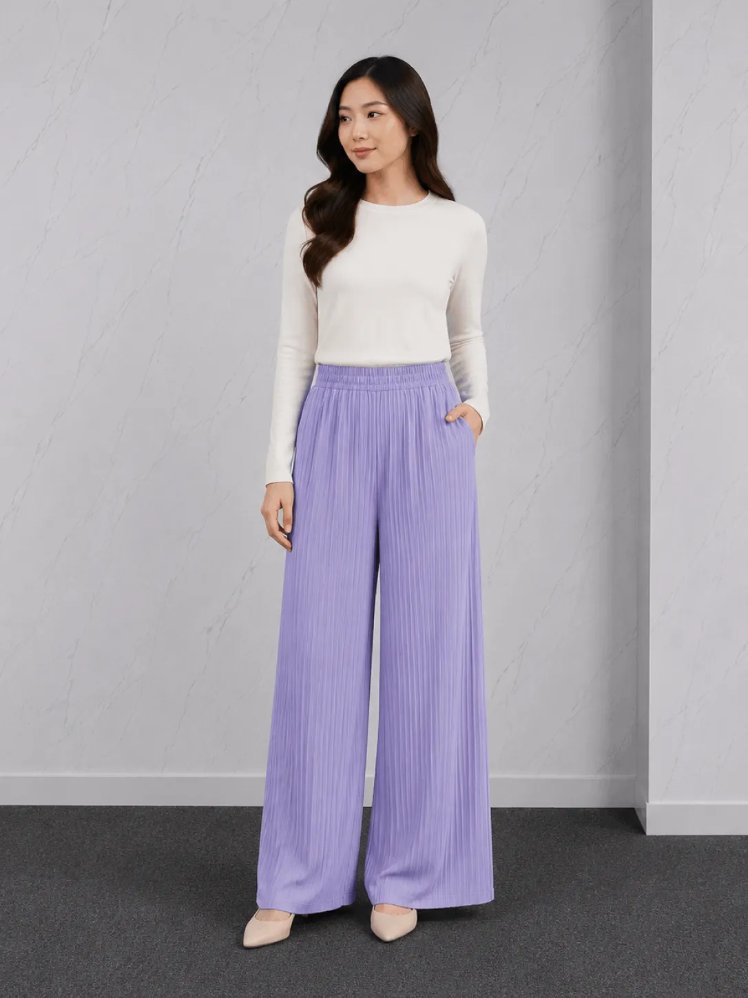 Celana Kulot Wanita High Waist Wide Leg Ungu Lilac Polos Flowing Casual Formal