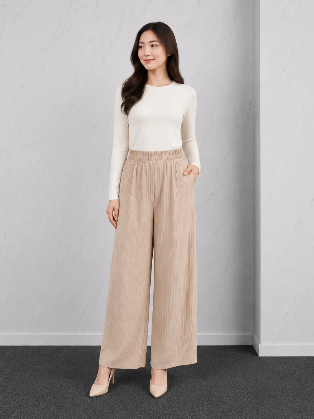 Celana Kulot Wanita High Waist Wide Leg Beige Khaki Polos Casual Formal