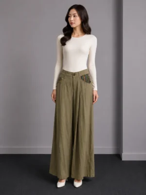 Celana Kulot Linen Khaki Aksen Etnik