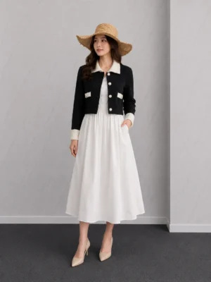 White Maxi Dress with Contrast Cardigan