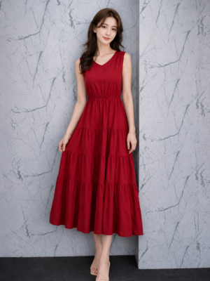 Dress Panjang Merah Bertingkat