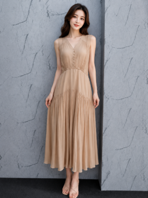 Dress Panjang Krem Plisket