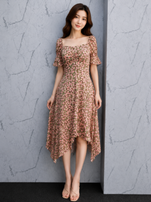 Dress Asimetris Floral Pink