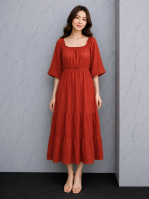 Dress Panjang Merah V-Neck