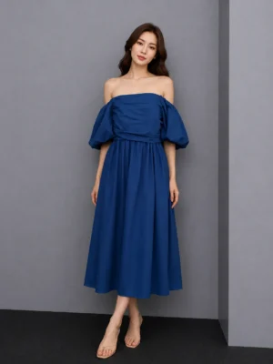 Midnight Blue Off-Shoulder Midi Dress