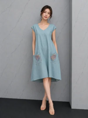 Sky Blue Casual Pocket Dress