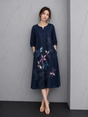 Navy Floral Art Linen Dress