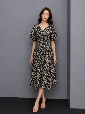 Black Floral V-Neck Midi Dress