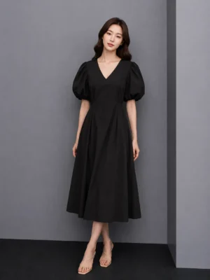 Black Puff Sleeve Midi Dress