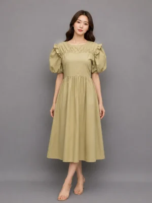 Dress Puff Sleeve Khaki Minimalis
