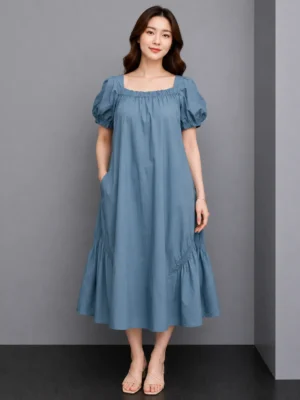 Dress Biru Kasual Kantong Samping