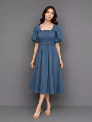 Dress Smock Biru Denim Manis