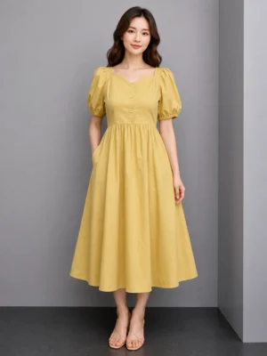 Dress Kuning Butter Kancing Depan