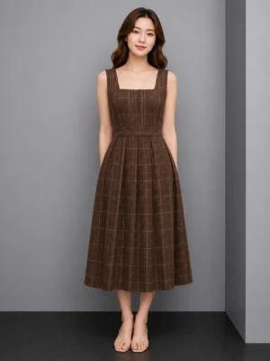 Dress Kotak Cokelat Vintage