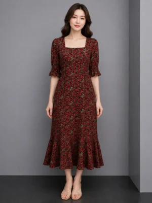 Dress Floral Merah Elegan