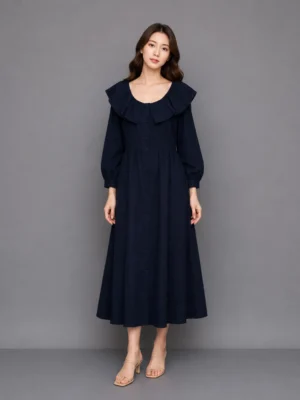 Dress Navy Kerah Ruffle