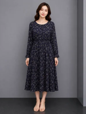 Dress Floral Navy Lengan Panjang