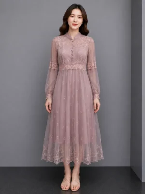 Dress Brokat Mawar Dusty Pink