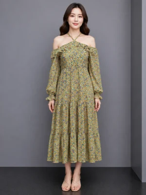 Dress Off Shoulder Floral Kuning