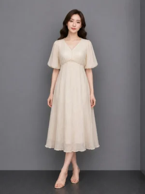 Dress V-Neck Mutiara Soft Beige