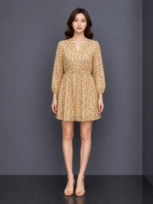 Dres Pendek Motif Vintage Puff Sleeve