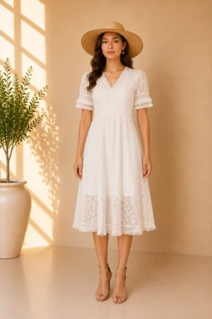 Dress Lace Putih Boho V-Neck