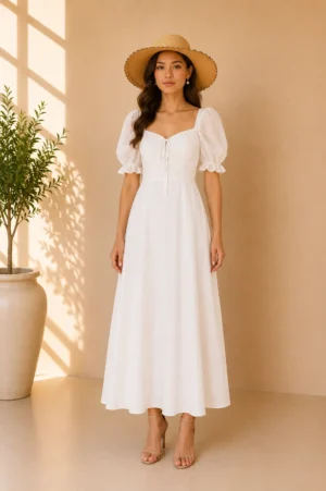 Dress Putih Puff Sleeve Tie Front