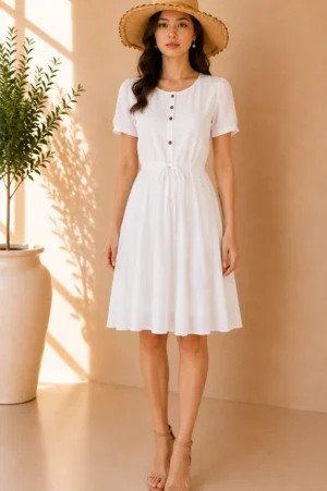 Dress Putih Casual Drawstring Waist