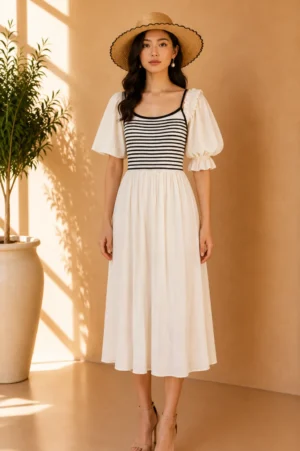 White Contrast Stripe Puff Sleeve Midi Dress