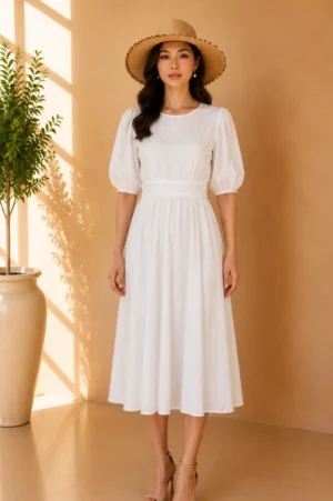 White Empire Waist Puff Sleeve Midi Dress