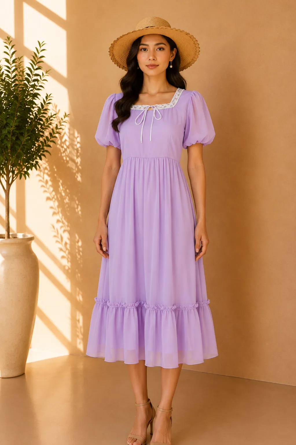 Lavender Puff Sleeve Ruffle Hem Dress