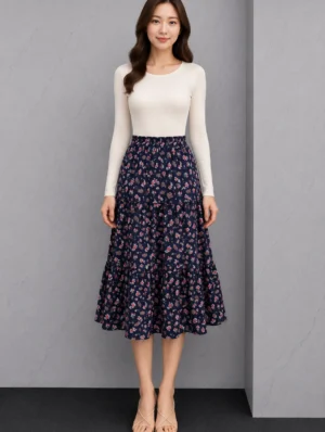 Rok Panjang Floral Navy Bertingkat