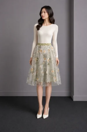 Rok Midi Tulle Floral Sage