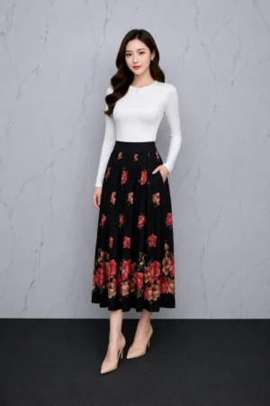 Rok Midi Navy Kancing Depan